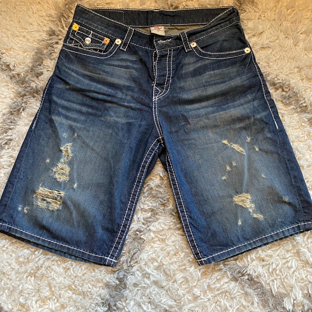 True Religion World Tour destructed denim shorts